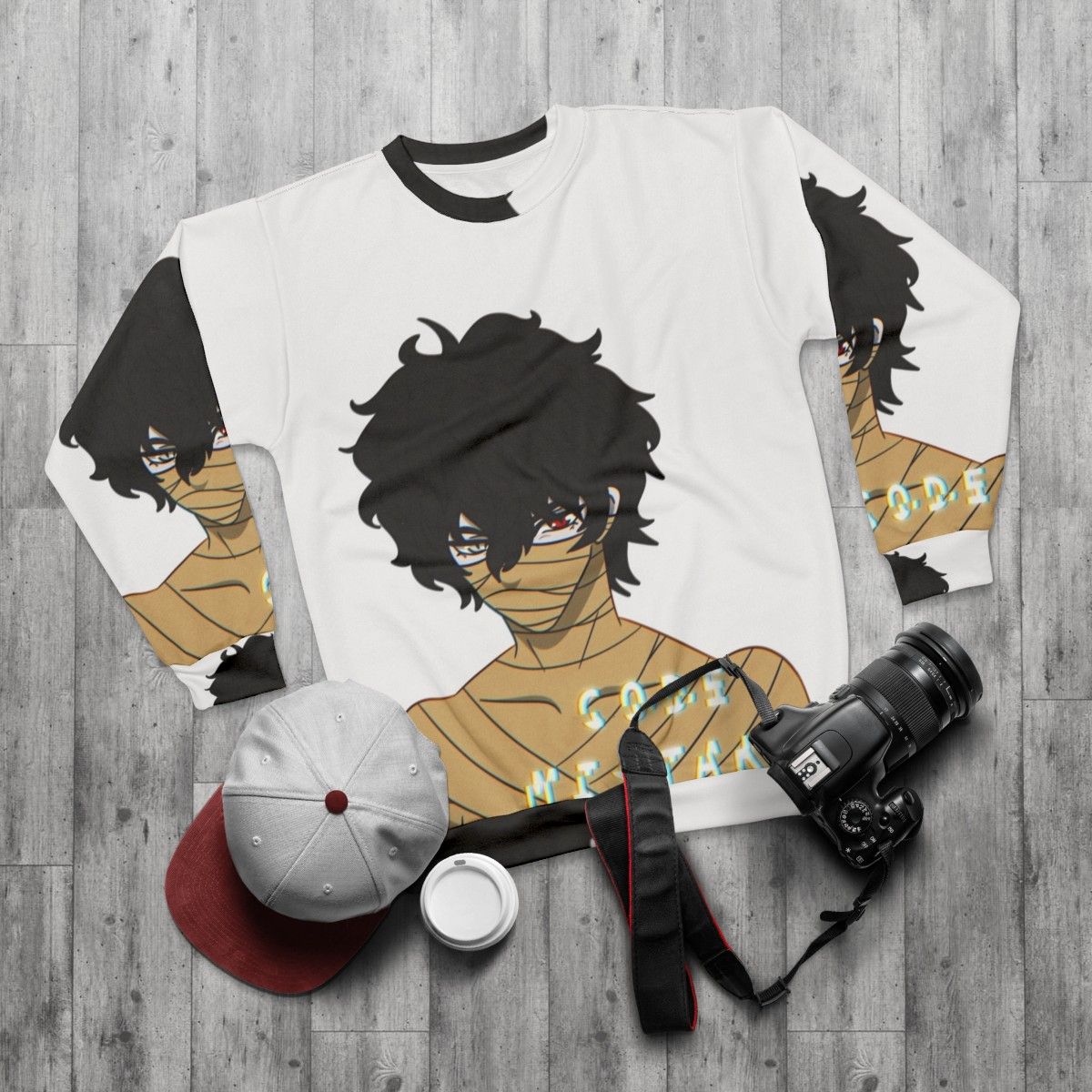 Corpse Code Mistake Sweatshirt with Anime Peeker Design - flat lay