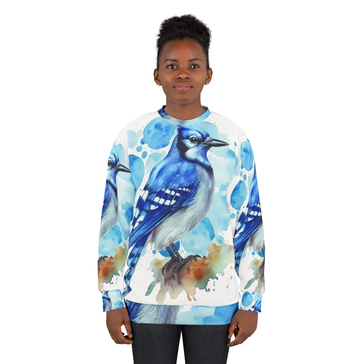 Closeup of a stylish blue jay sweatshirt with watercolor design - women