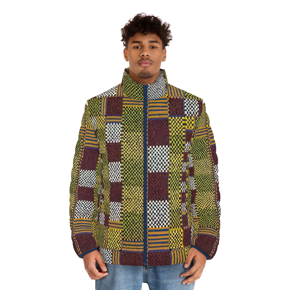 Puffer jacket with colorful geometric patterns inspired by the artwork of Alfred Jensen - men front