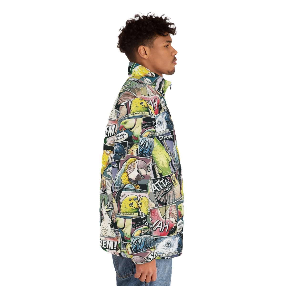 Parrot comic style puffer jacket with vibrant bird print design - men side right