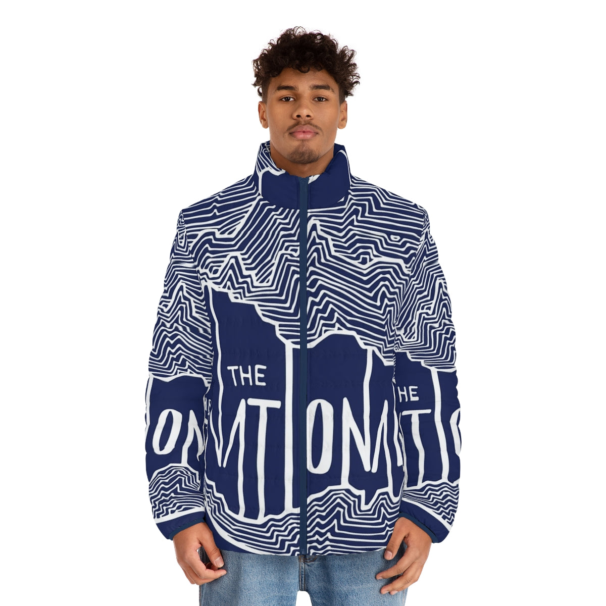 The National Puffer Jacket with hand-drawn line art design - men front