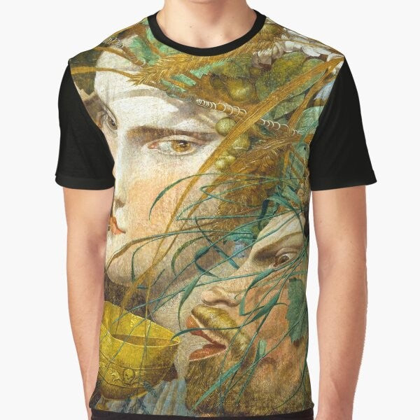 Graphic t-shirt featuring "Bacchanalian Scene" painting by Richard Dadd, depicting the mythological bacchanalia of Dionysus.