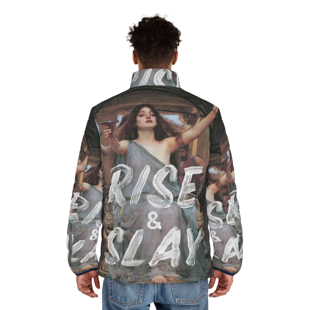 Woman wearing a puffer jacket with the "Rise and Slay" motivational quote - men back