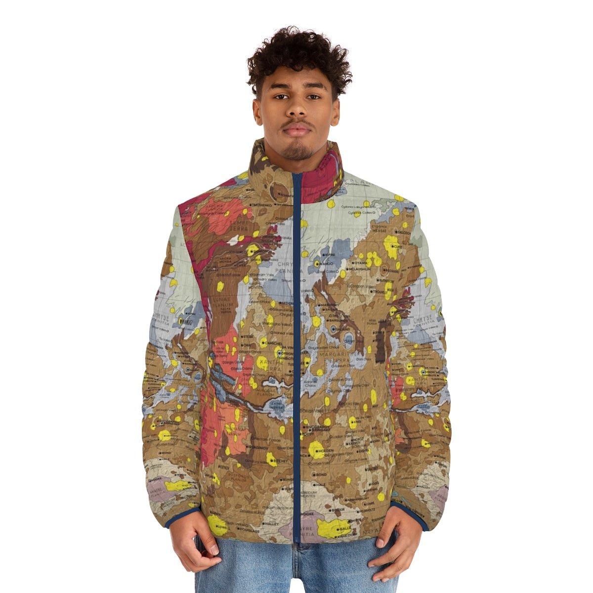 Puffer jacket featuring a detailed map of the geology and topography of the planet Mars - men front