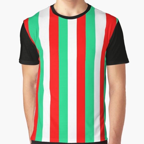 Red, green, and white striped graphic t-shirt for men and women