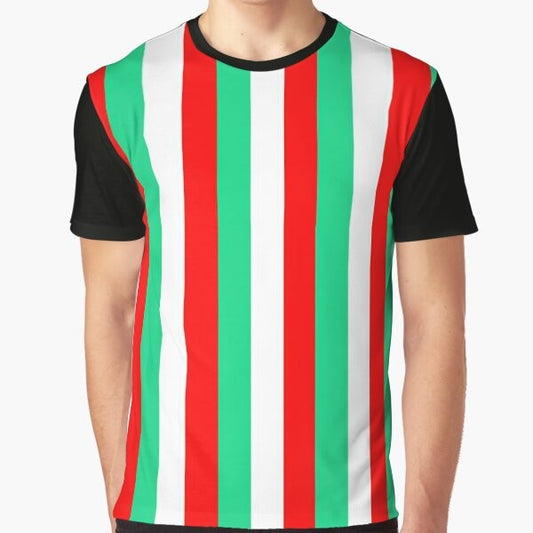 Red, green, and white striped graphic t-shirt for men and women