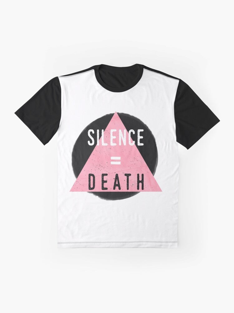 Silence = Death LGBTQ graphic t-shirt design with rainbow Pride colors - Flat lay