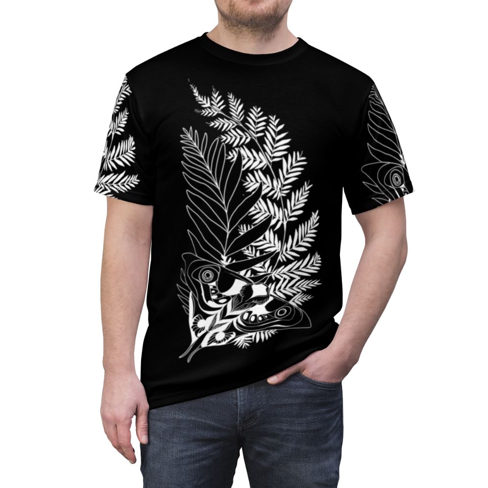 Ellie inspired tattoo design t-shirt, featuring ferns, moths, and other elements from The Last of Us video game series - men front