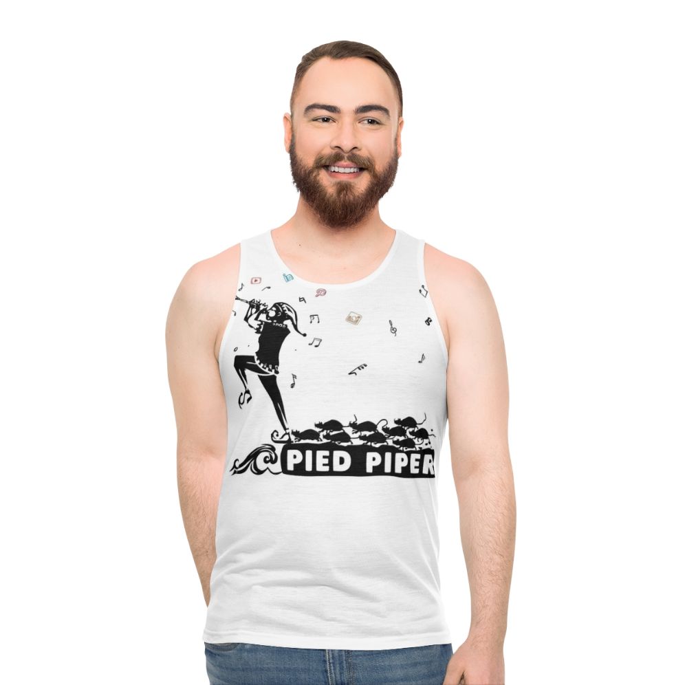 Pied Piper unisex tank top featuring a monotone, black and white design inspired by the classic fairy tale - men