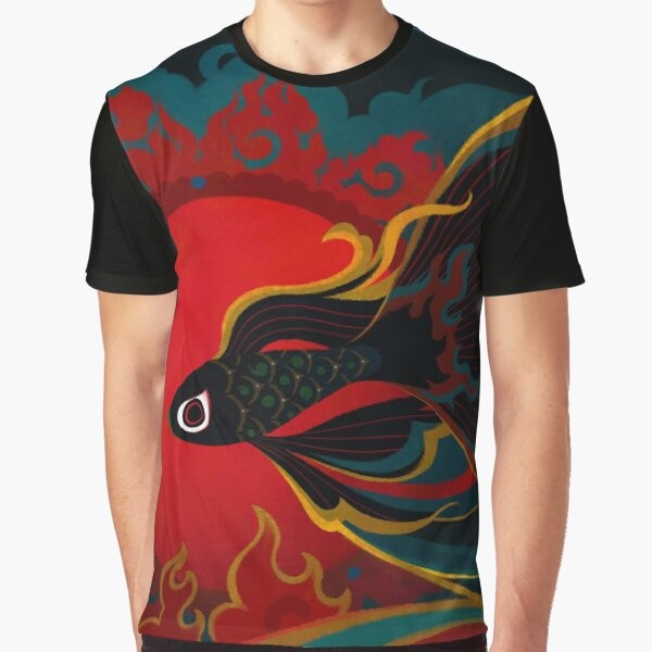 A graphic t-shirt featuring a fiery, oriental-inspired fish creature.