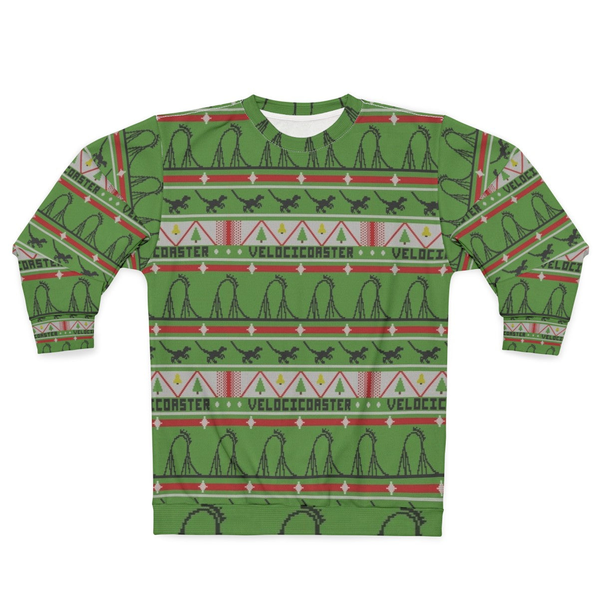 Velocicoaster Ugly Christmas Sweater Sweatshirt with Dinosaur and Roller Coaster Theme