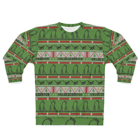 Velocicoaster Ugly Christmas Sweater Sweatshirt with Dinosaur and Roller Coaster Theme