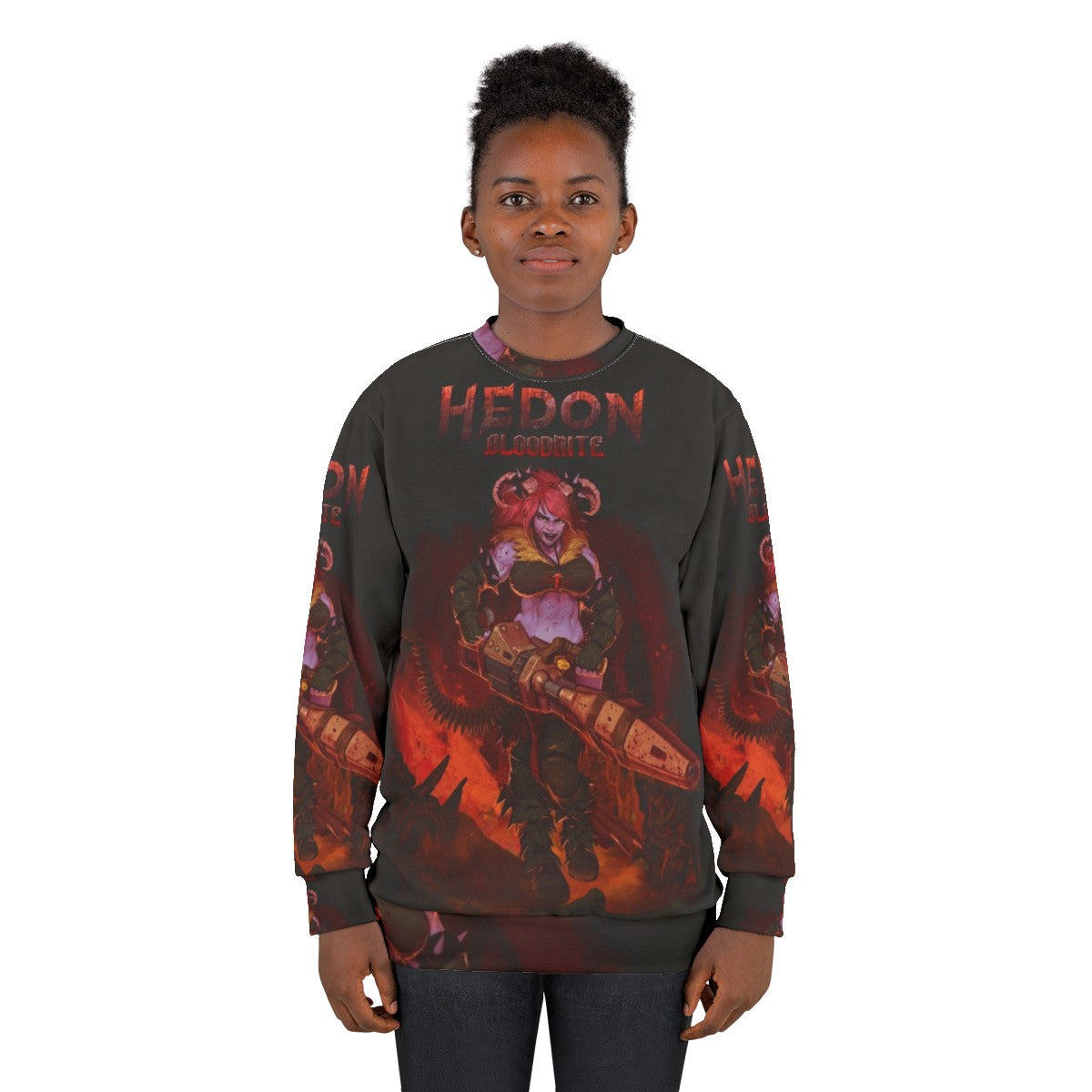 Hedon Bloodrite retro style sweatshirt with demon horns and video game art - women