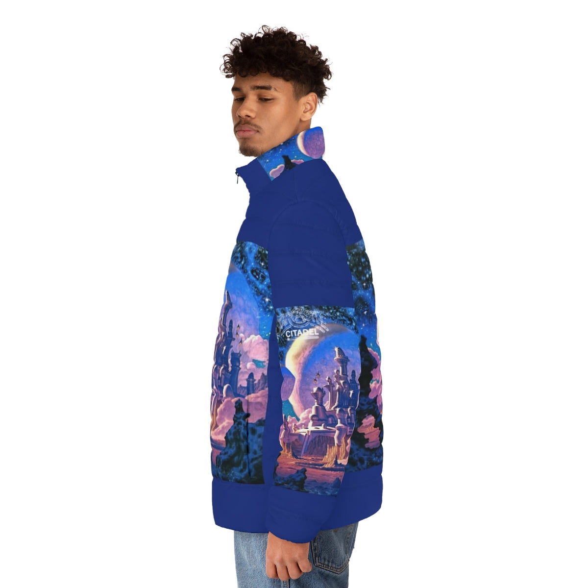 Starcastle Citadel Puffer Jacket featuring retro psychedelic art and progressive rock design - men side left