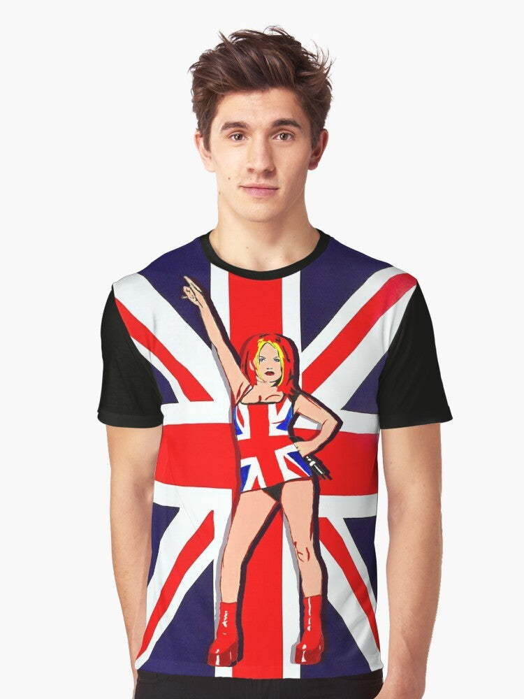 Union Jack graphic t-shirt featuring a retro pop art design inspired by 90s British music and pop culture. - Men