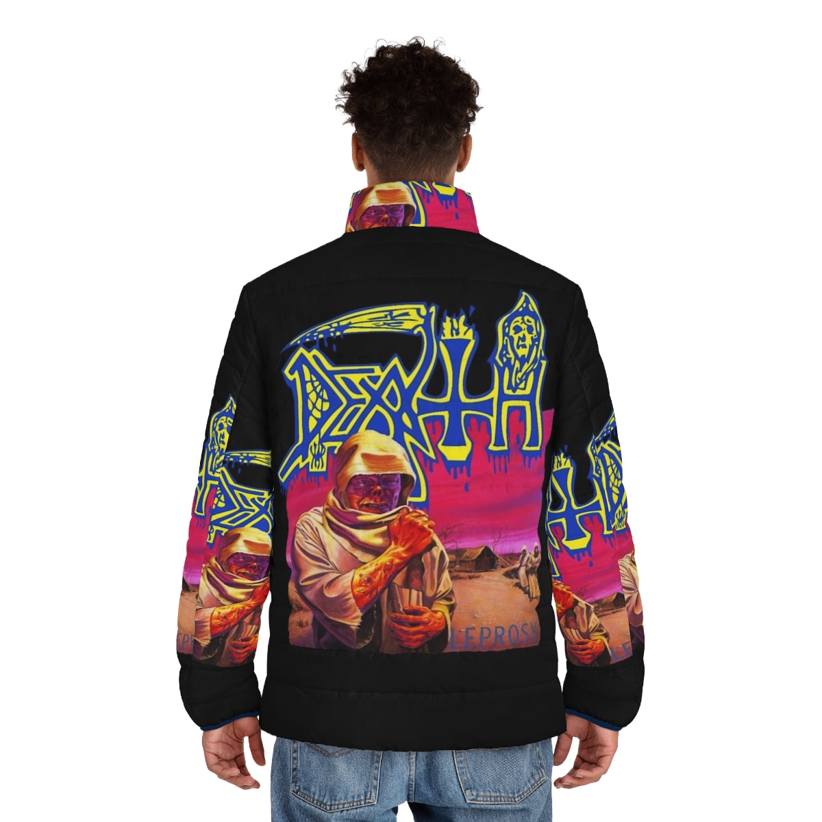 Death Leprosy Puffer Jacket featuring death metal, black metal, and thrash metal graphics - men back