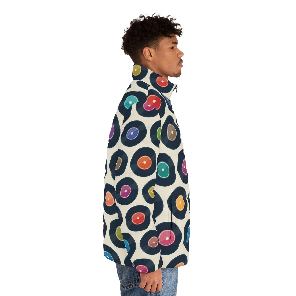 Retro vinyl record puffer jacket with a minimalist modernist pattern - men side right