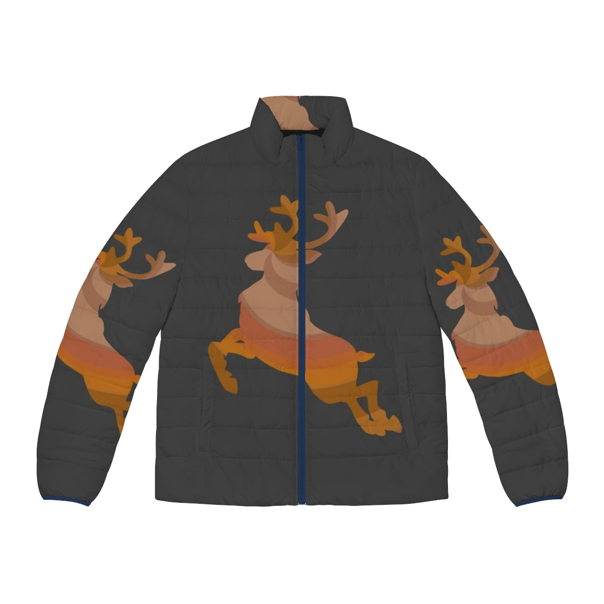 Reindeer puffer jacket with abstract, colorful design featuring legendary animals