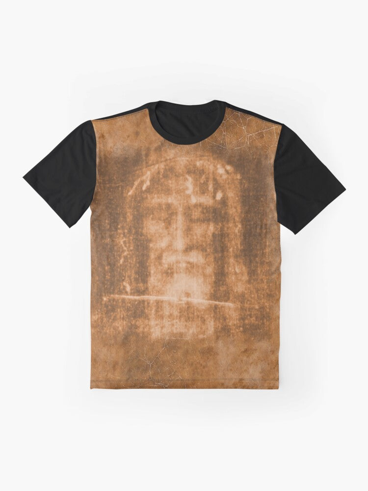 T-shirt featuring the Holy Face of Jesus and a crucifix, representing the passion and resurrection of Christ. - Flat lay