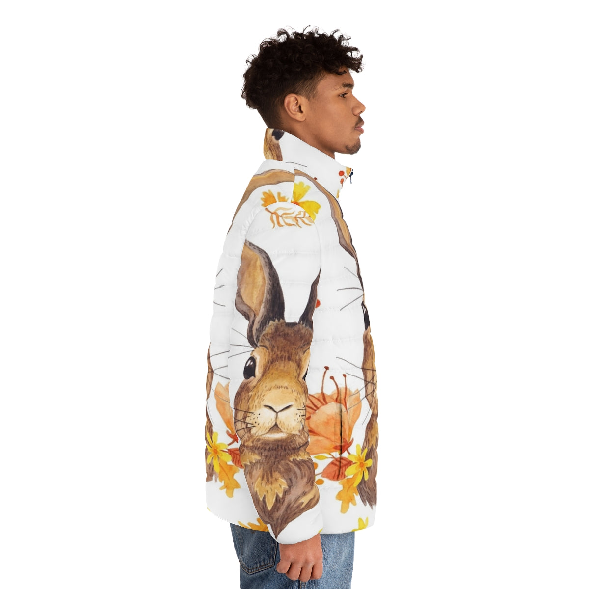 Autumn Bunny Puffer Jacket featuring cute rabbit print and fall foliage - men side right