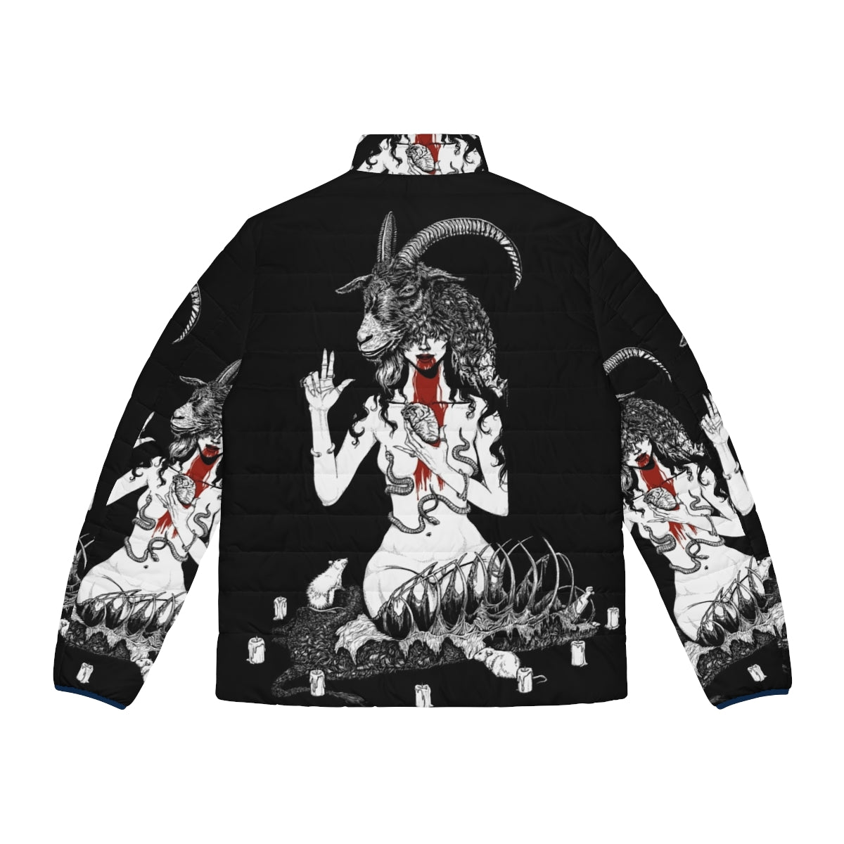 Satanic Baphomet puffer jacket with occult and horror design - Back