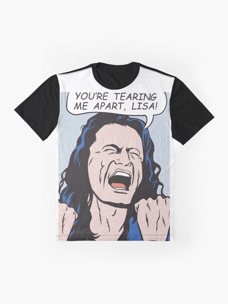 "You're Tearing Me Apart, Lisa!" The Disaster Artist graphic t-shirt featuring a pop art style design with a drowning girl, actor, and quote from the cult classic movie. - Flat lay