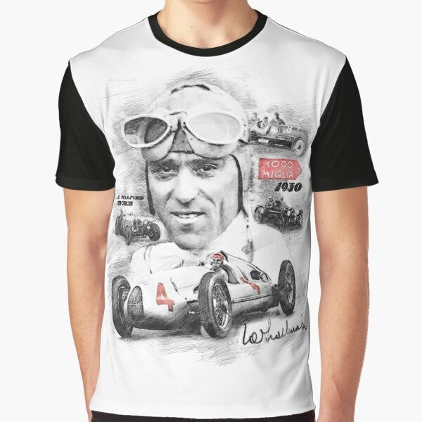 Vintage motorsports graphic t-shirt featuring legendary racing driver Tazio Nuvolari