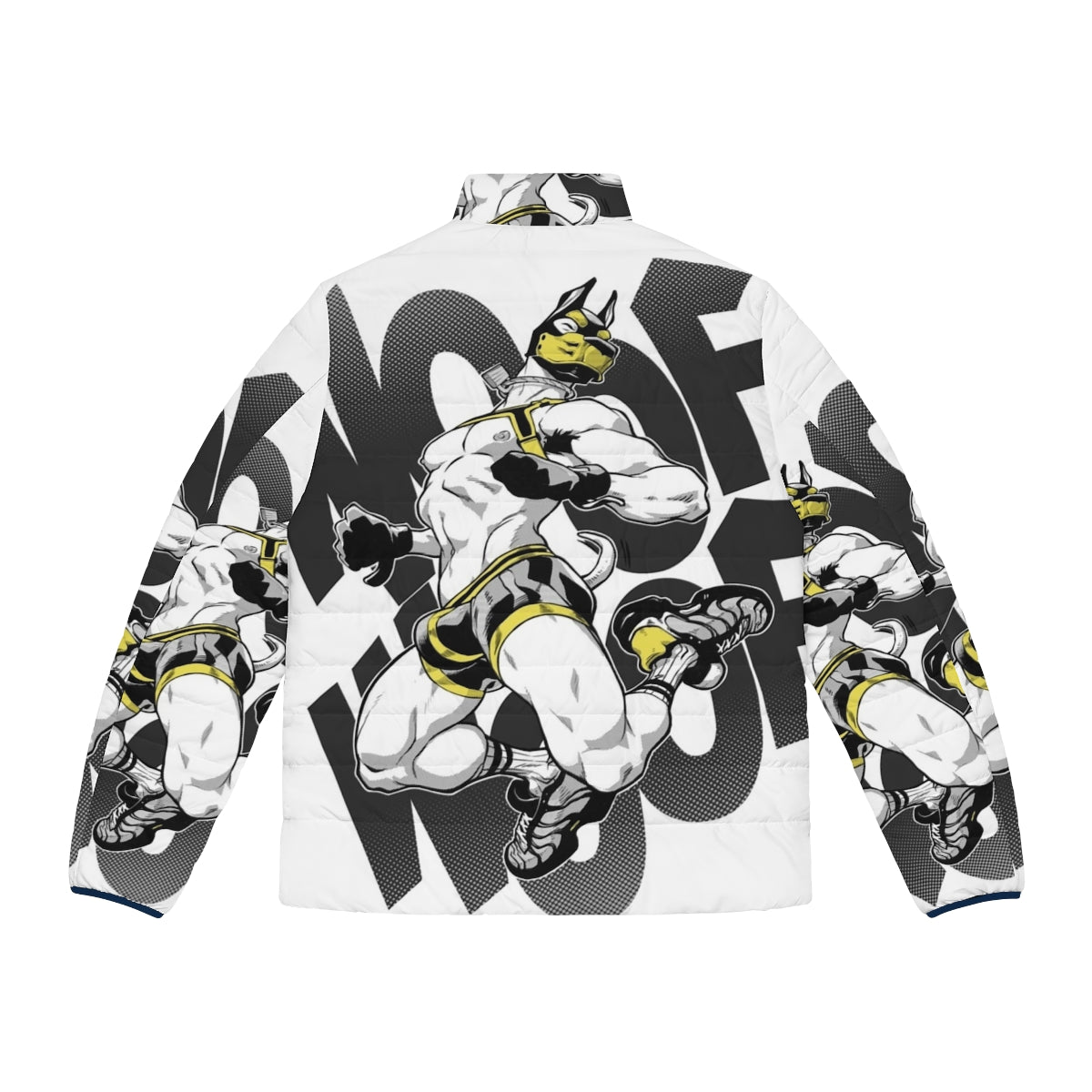 Stylish puffer jacket with a dog-themed design, perfect for LGBTQ+ fashion enthusiasts - Back