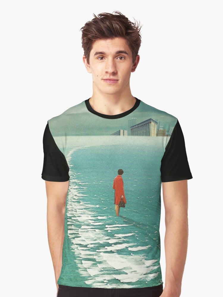 Vintage collage graphic t-shirt featuring a surreal landscape with a woman waiting for the cities to fade out, set against a dark sky and ocean. - Men