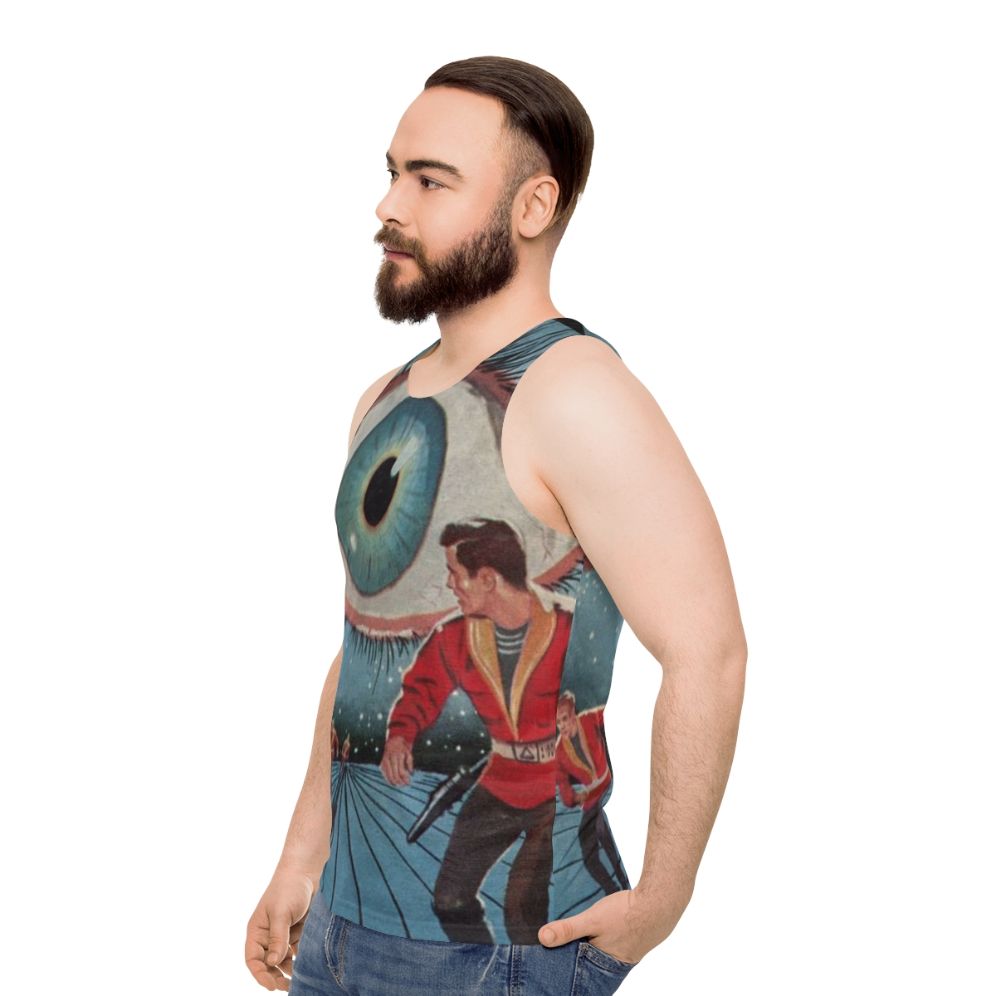 Unisex sci-fi tank top with Eye in the Sky Kindred Ubiquity design - men side