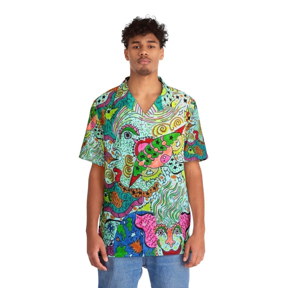 Vibrant cosmic Hawaiian shirt with angelic visionary design - People Front