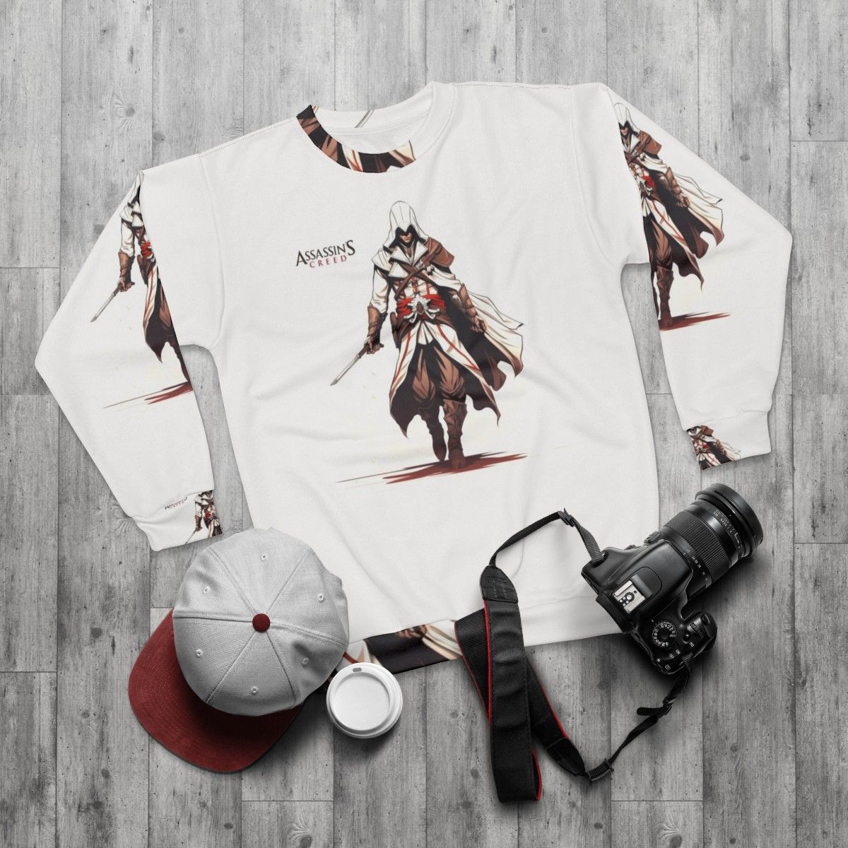 Assassin's Creed art inspired sweatshirt featuring mysterious warriors - flat lay