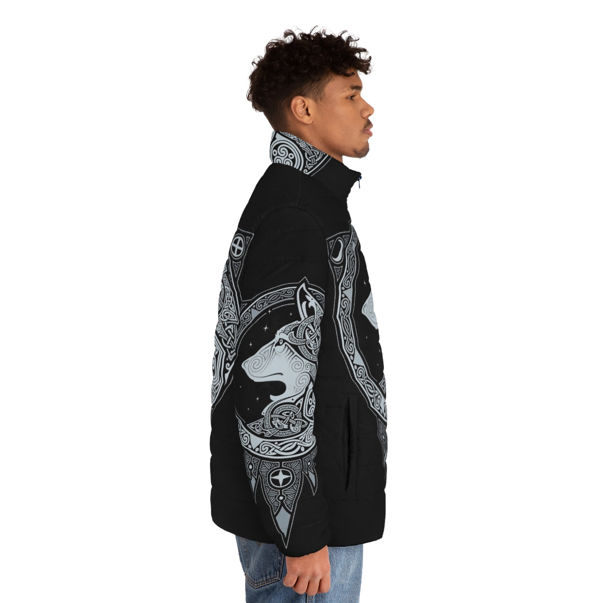 Norse Ulv Silver Puffer Jacket with Mystical Wolf Graphic - men side right