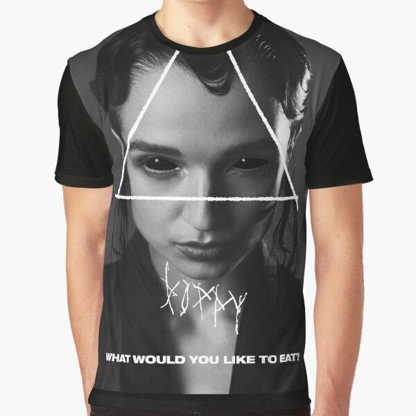 Poppy "What Would You Like to Eat?" graphic t-shirt, featuring the dark, gothic triangle logo and text