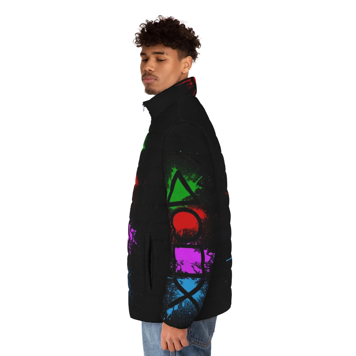 Splatter puffer jacket with video game controller buttons design - men side left