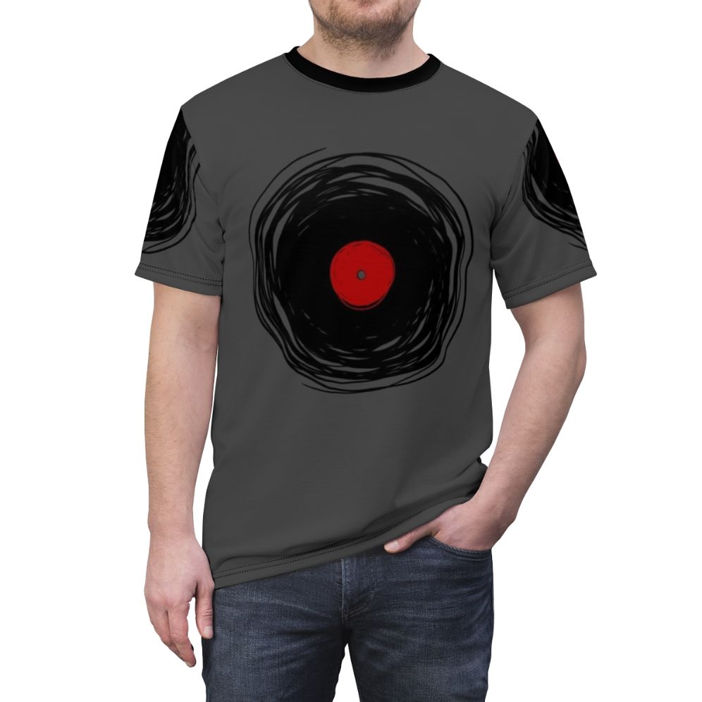 A t-shirt design featuring a spinning vinyl record with a grunge, vintage style. - men front