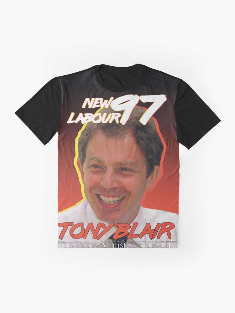 Vintage style graphic t-shirt featuring Tony Blair and the Labour Party slogan "Things Can Only Get Better" from the 1997 UK election. - Flat lay