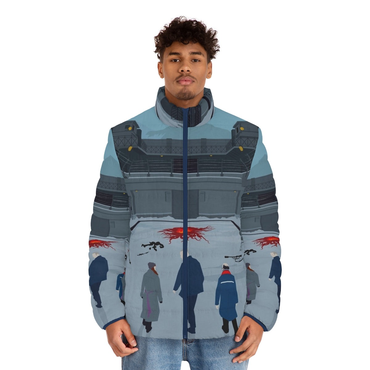 Stranger Things Fan Art Print Puffer Jacket with Eleven, Hopper, and Joyce - men front