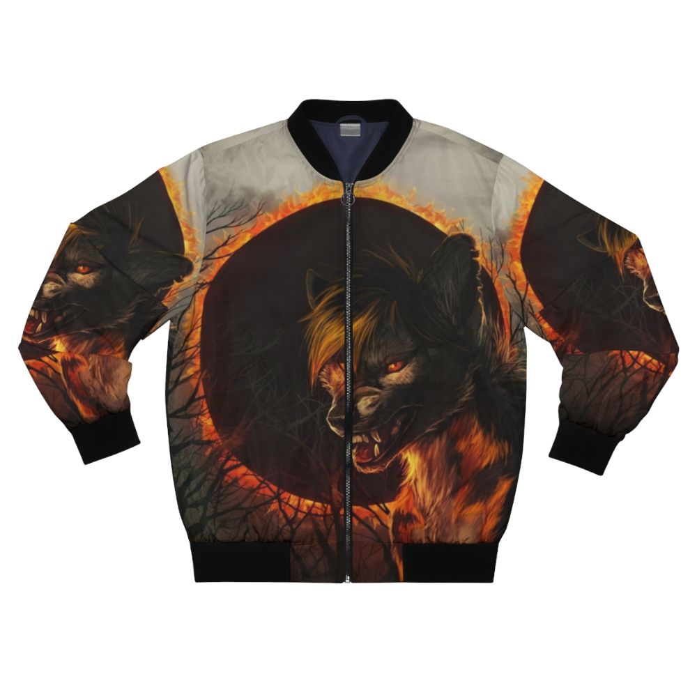 Dark Eclipse Werewolf Bomber Jacket with Supernatural Forest Design