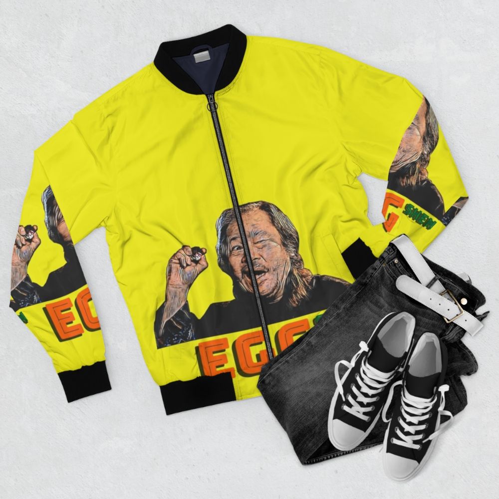 Egg Shen Inspired Bomber Jacket - 80s Sci-Fi Cult Classic - Flat lay