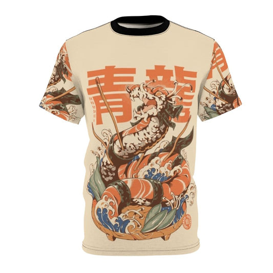 Artistic illustration of a dragon emerging from a sushi roll on a t-shirt