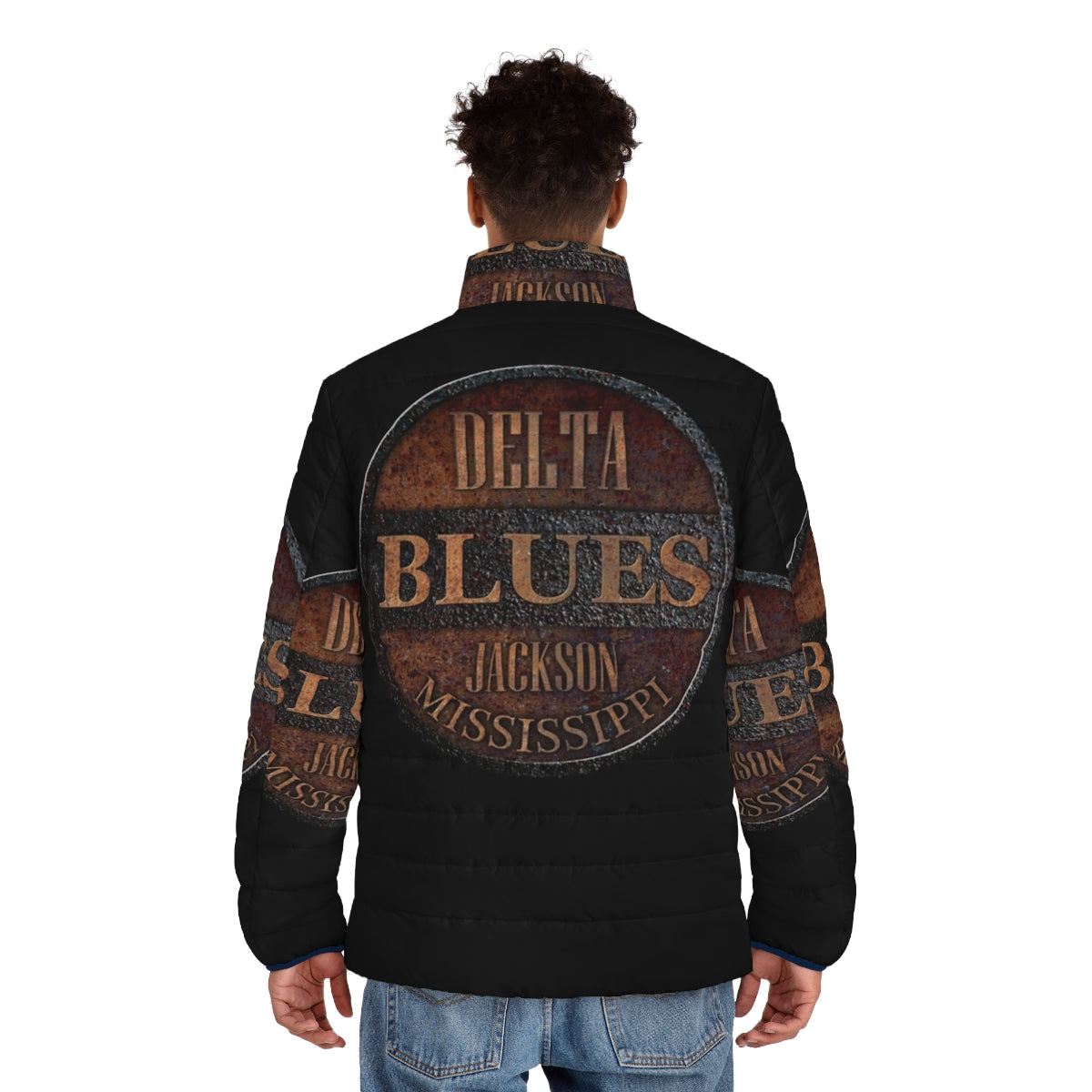 Rusty Delta Blues Puffer Jacket - American-Made Puffer Jacket with Vintage Blues and Americana Inspired Design - men back