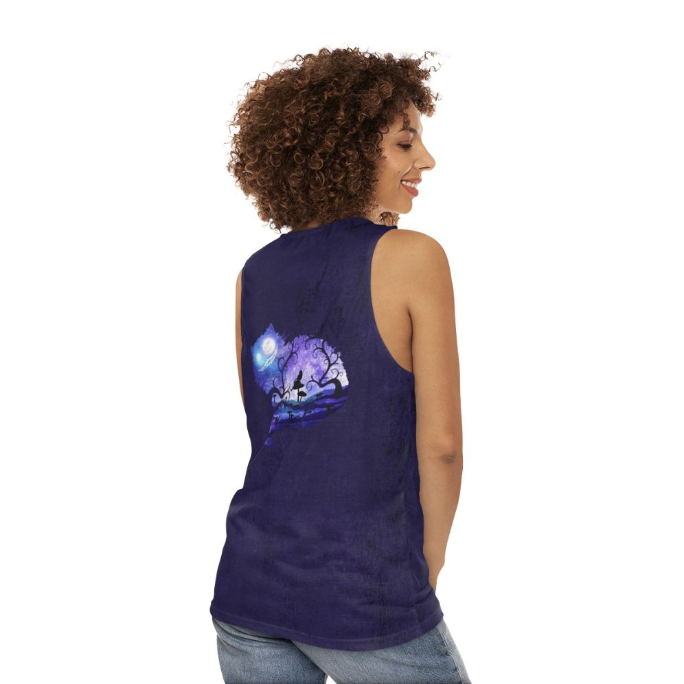 Whimsical unisex tank top with 'We Are All Mad Here' design featuring Alice in Wonderland's Cheshire Cat and night sky - women back