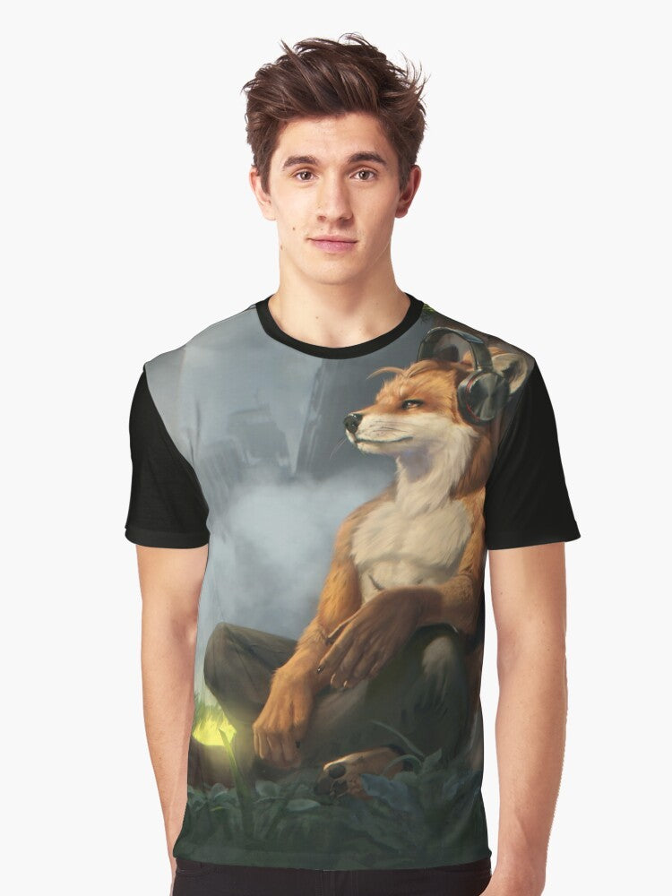 Relaxing graphic t-shirt featuring an anthropomorphic fox or canine character - Men