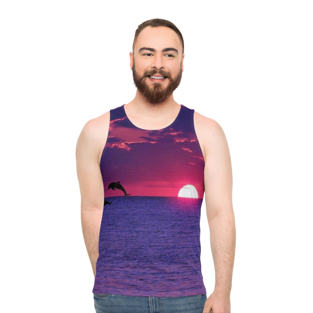 Unisex tank top featuring a breathtaking beach sunset in pink and purple sky - men