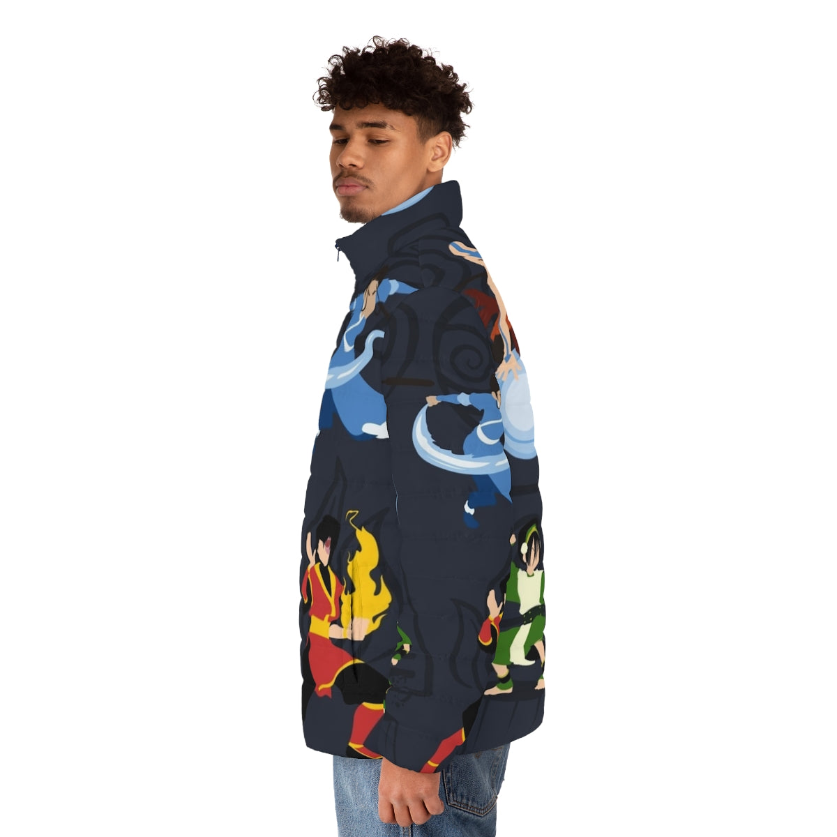 Minimalist puffer jacket with avatar and the last airbender design elements - men side left