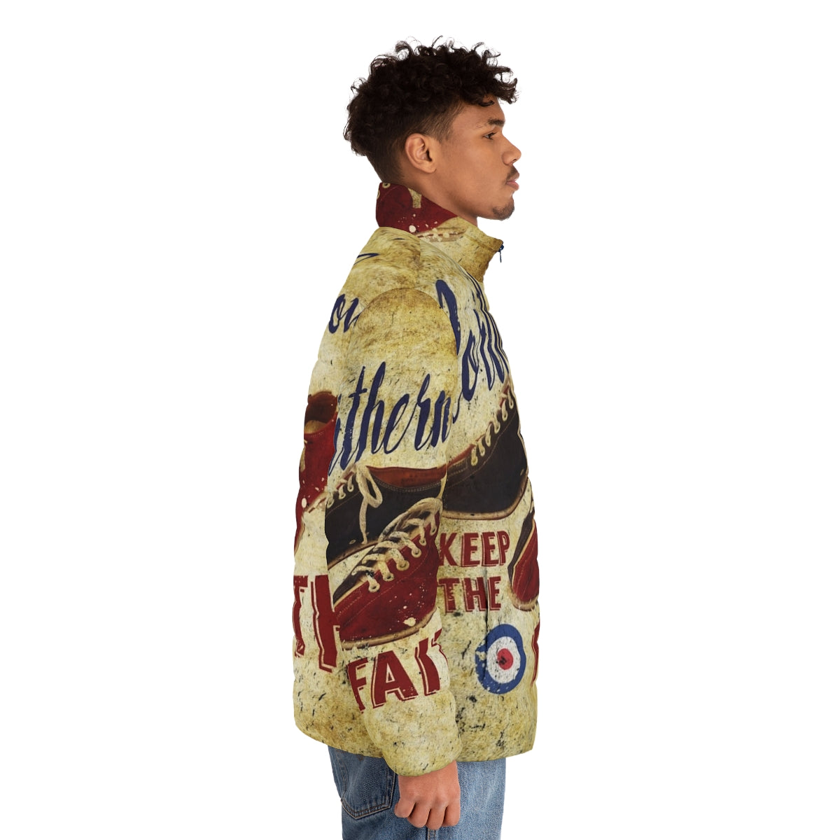 Northern Soul "Keep The Faith" Puffer Jacket featuring iconic music and dance inspired design - men side right