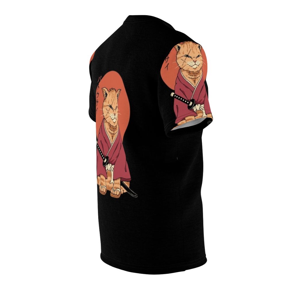 Product image of a t-shirt featuring a cat in samurai attire wielding a sword, inspired by Japanese art and anime - men right