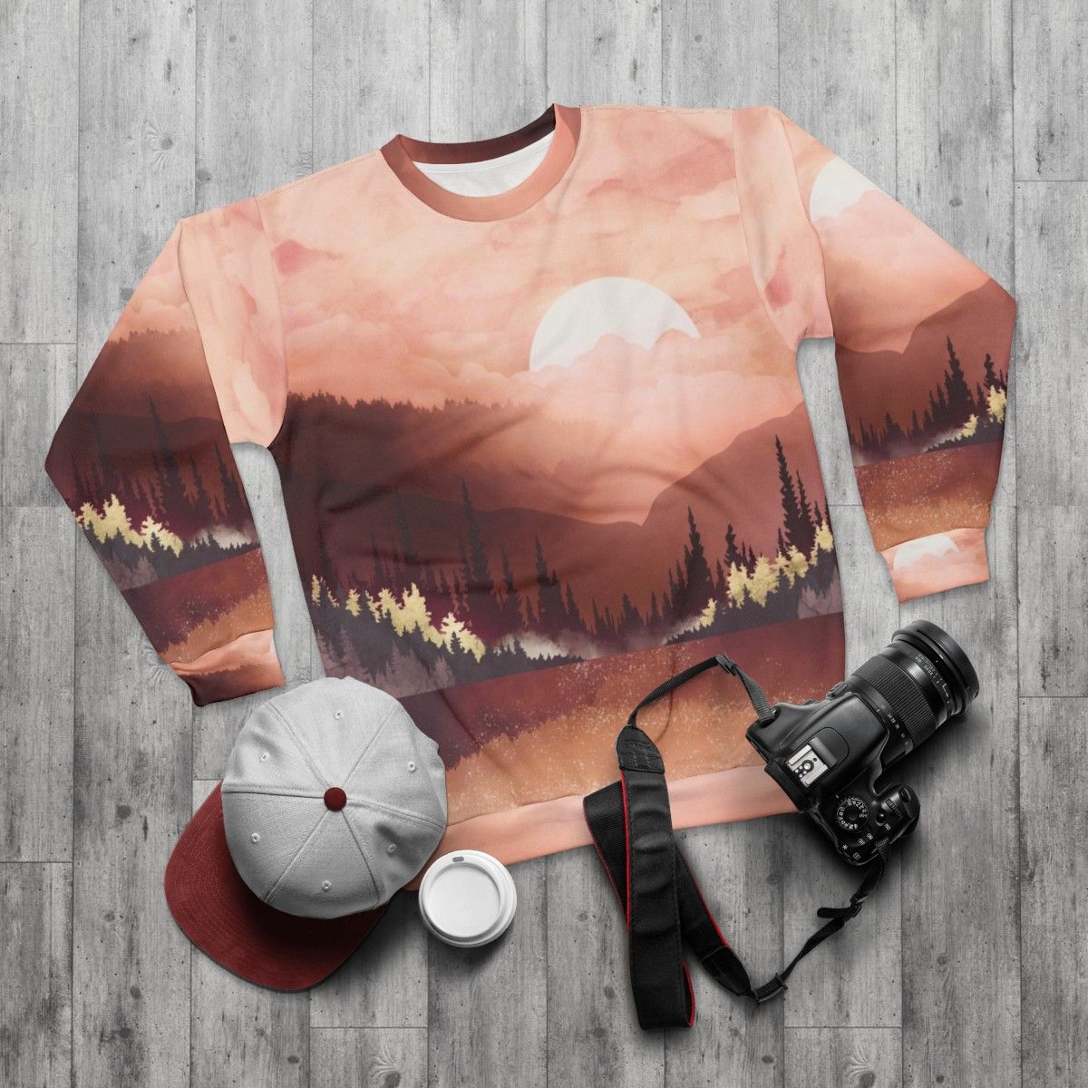 Autumn Reflection Sweatshirt featuring nature landscape and water reflection design - flat lay