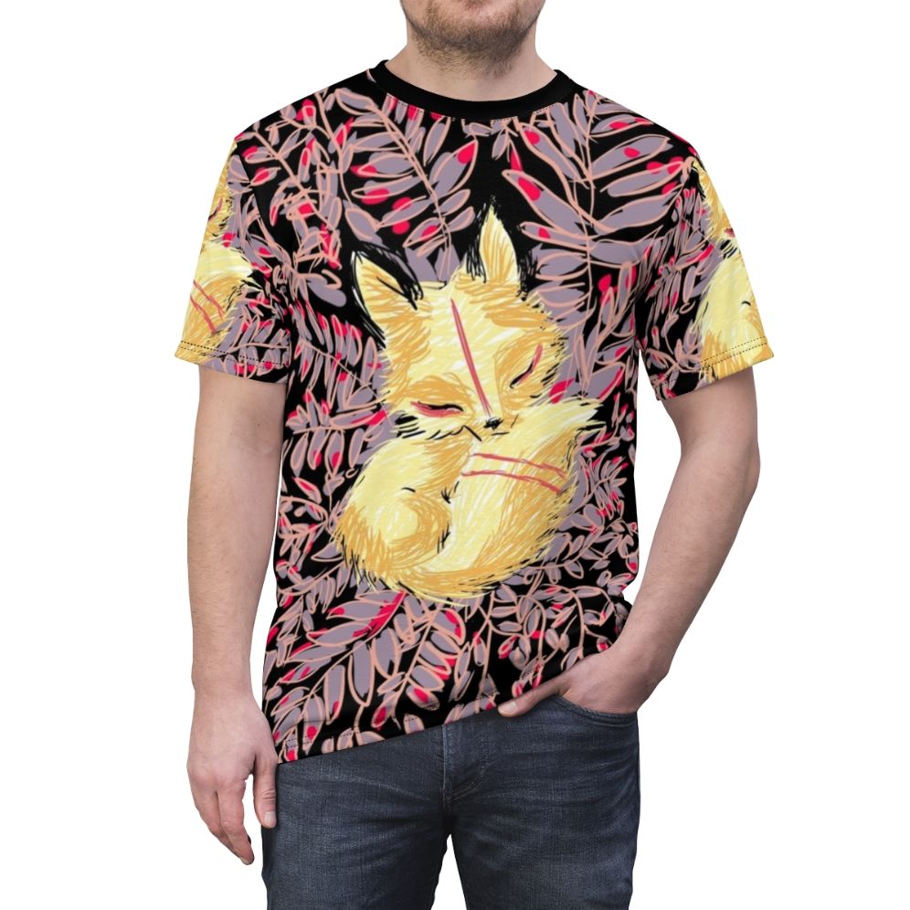 A vibrant t-shirt design featuring a majestic red fox in an autumn forest setting. - men front